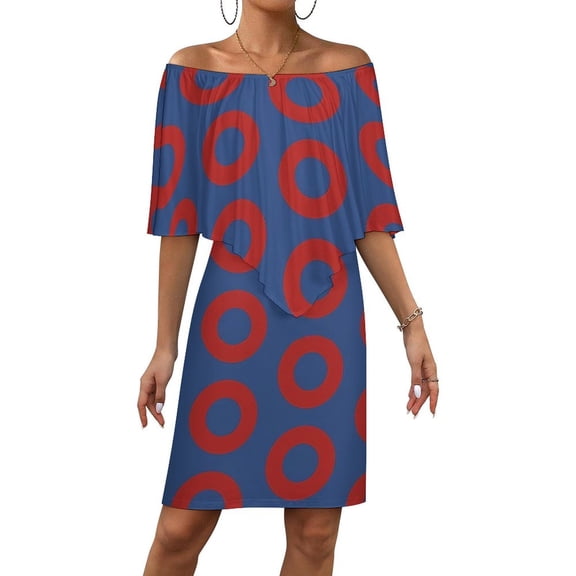Phish Donut Blue Women's Off The Shoulder Ruffles Summer Wedding Guest Loose Casual Party Beach Dress