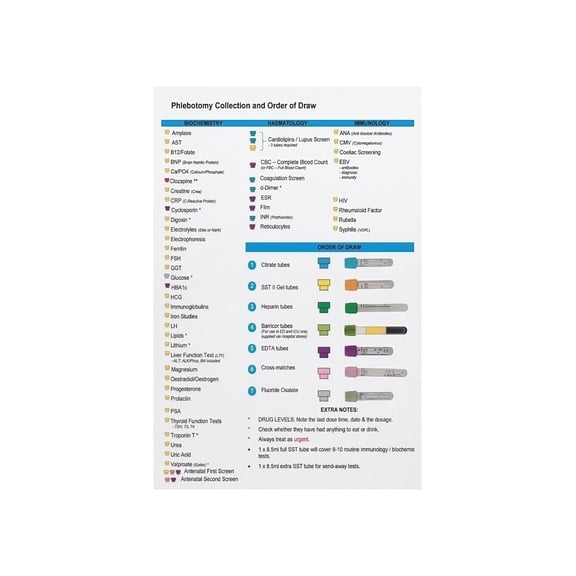 Phlebotomy Order of Draw Poster Blood Tube Color Codes Chart Clinical Laboratory Standards Quick Reference for Nurses Medical Students Clinic Classroom