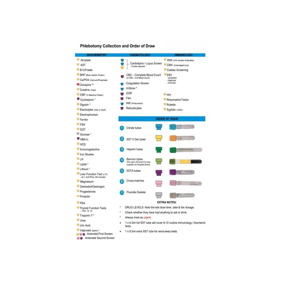Phlebotomy Order of Draw Poster Blood Tube Color Codes CLSI Standard Guide Healthcare Education Lab Wall Art