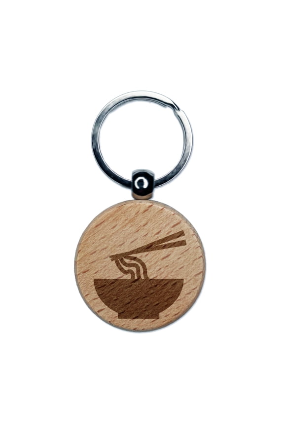 Pho Ramen Noodle Bowl Solid Round Keychain Charm Tag - Engraved Wood