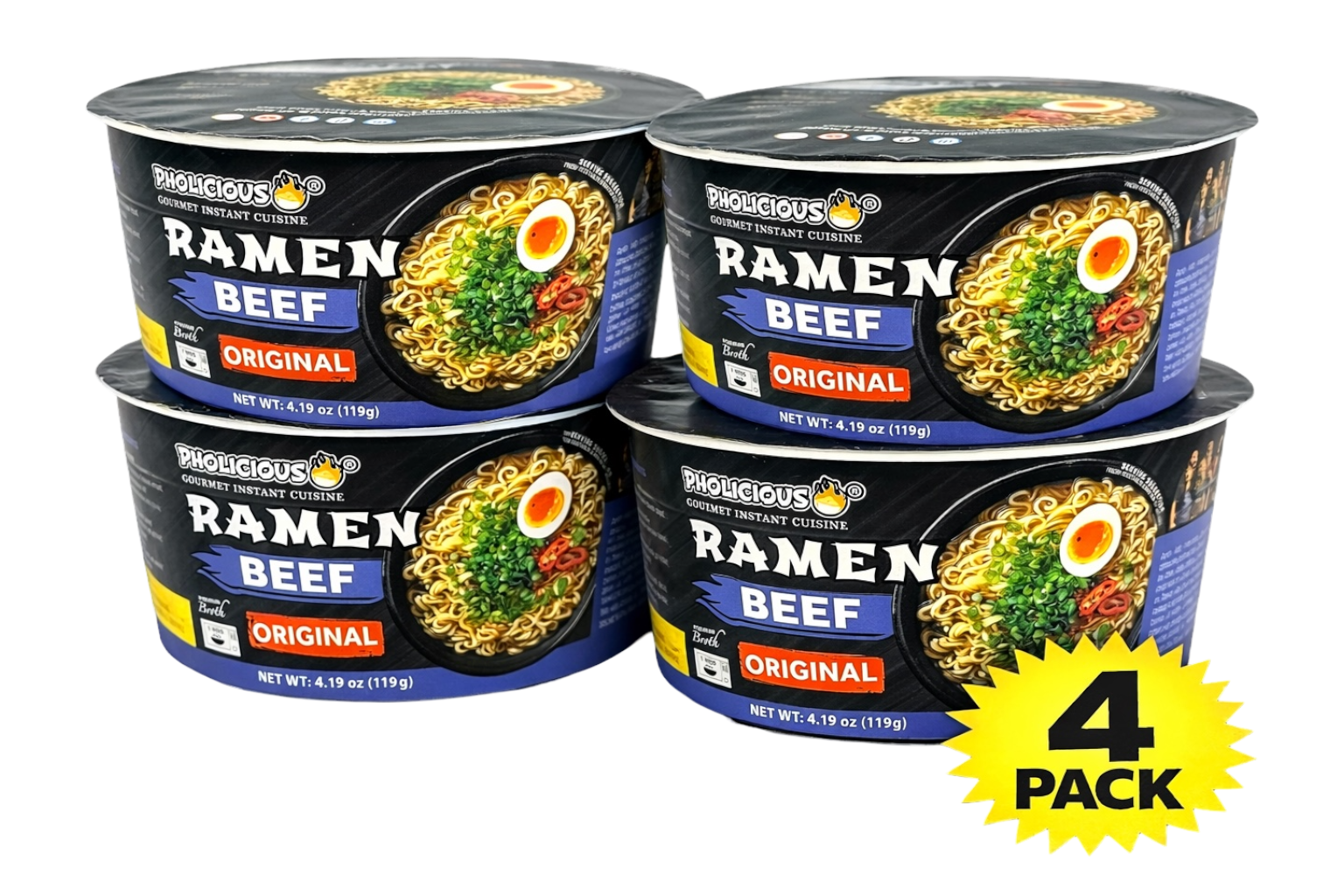 PhoLicious BEEF Premium Ramen, Instant, 4 Pack / 4.19 Ounce Bowls, Fresh Ingredients