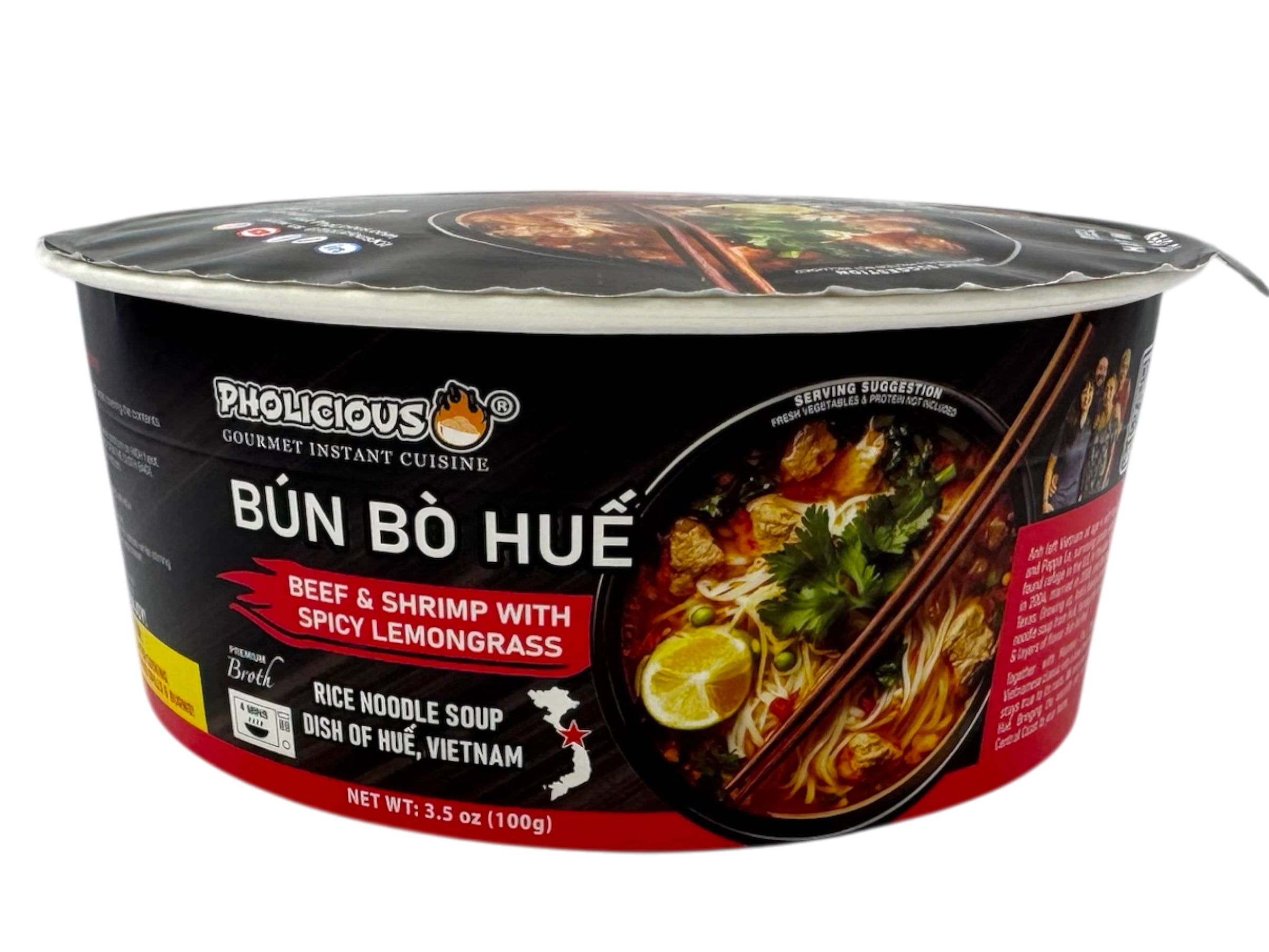PhoLicious Instant Bun Bo Hue Bowl, Vietnamese Spicy Beef, Seafood & Lemongrass Rice Noodle Soup, 4.15 oz Single Serve, Whole Spices, Ready in 4 Minutes, Ramen Alternative, as Seen on Shark Tank