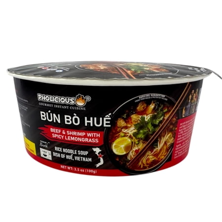 PhoLicious Instant Bun Bo Hue Bowl, Vietnamese Spicy Beef, Seafood & Lemongrass Rice Noodle Soup, 4.15 oz Single Serve, Whole Spices, Ready in 4 Minutes, Ramen Alternative, as Seen on Shark Tank