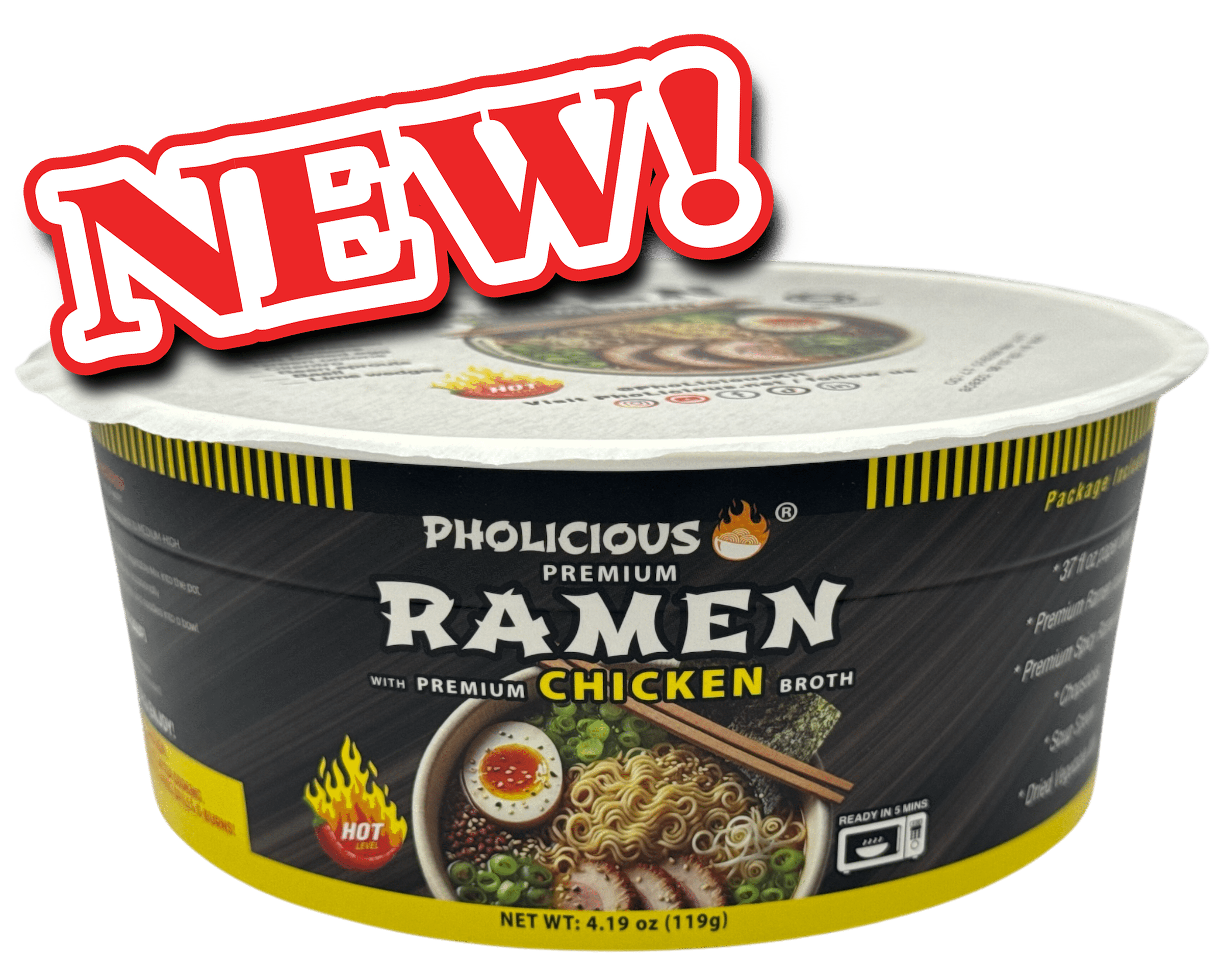 PhoLicious Spicy CHICKEN Premium Ramen, Instant, 4 Pack / 4.19 Ounce Bowls, Fresh Ingredients