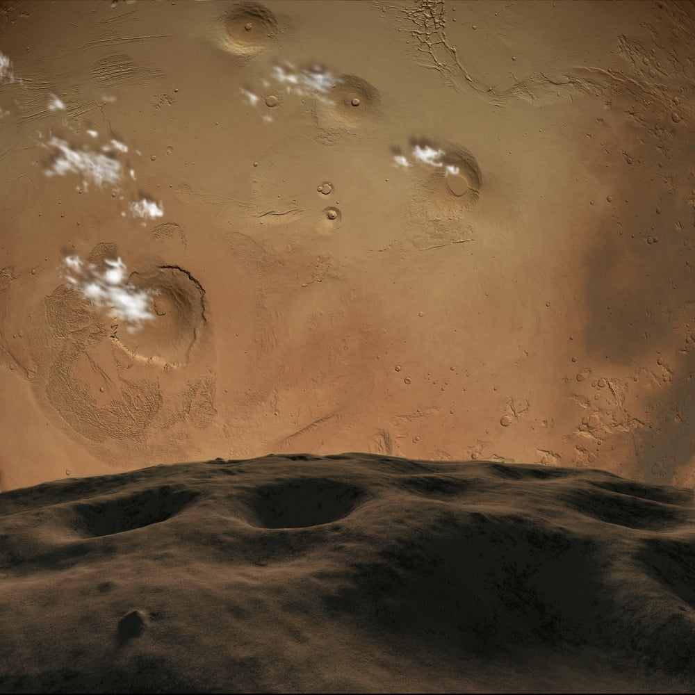 Phobos orbits so close to Mars that the planet would fill the little moons sky Canvas Art - Ron MillerStocktrek Images (28 x 28)