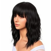 Phocas 12inch Short Bob Wigs for Women Wavy Wig Synthetic Black Wig with Bangs