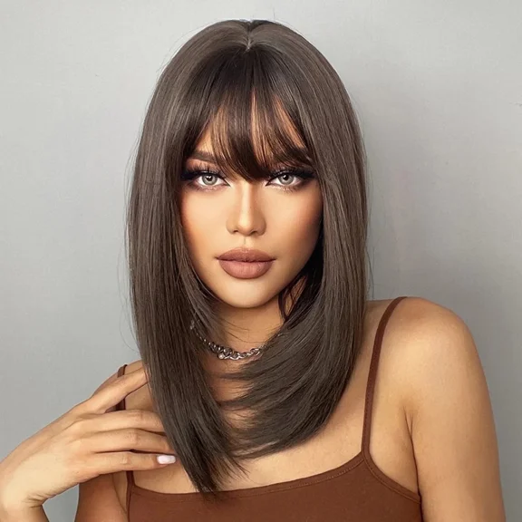 Phocas 14inch Short Brown Wig with Bangs Straight Bob Wigs for Women Shoulder Length Wig