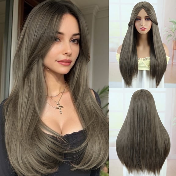Phocas 23" Long Straight Brown Wig with Bangs Middle Part Layered Cool Light Brown Wig Wear and Go Heat-Resistant Natural Synthetic Wigs for Women Daily Party Use