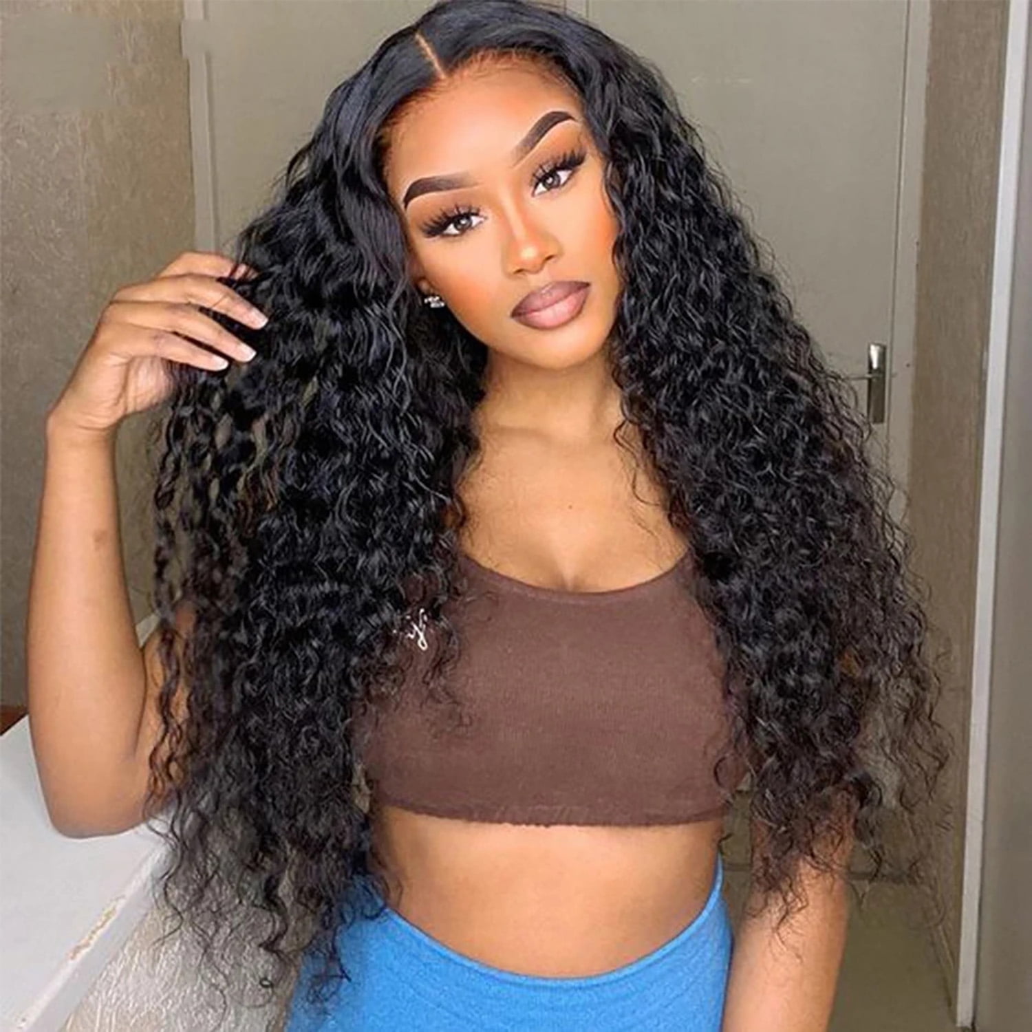 Phocas 24inch Curly Wigs for Black Women Long Black Wig Natural Body Wave Wig Brazilian Human Hair Wigs