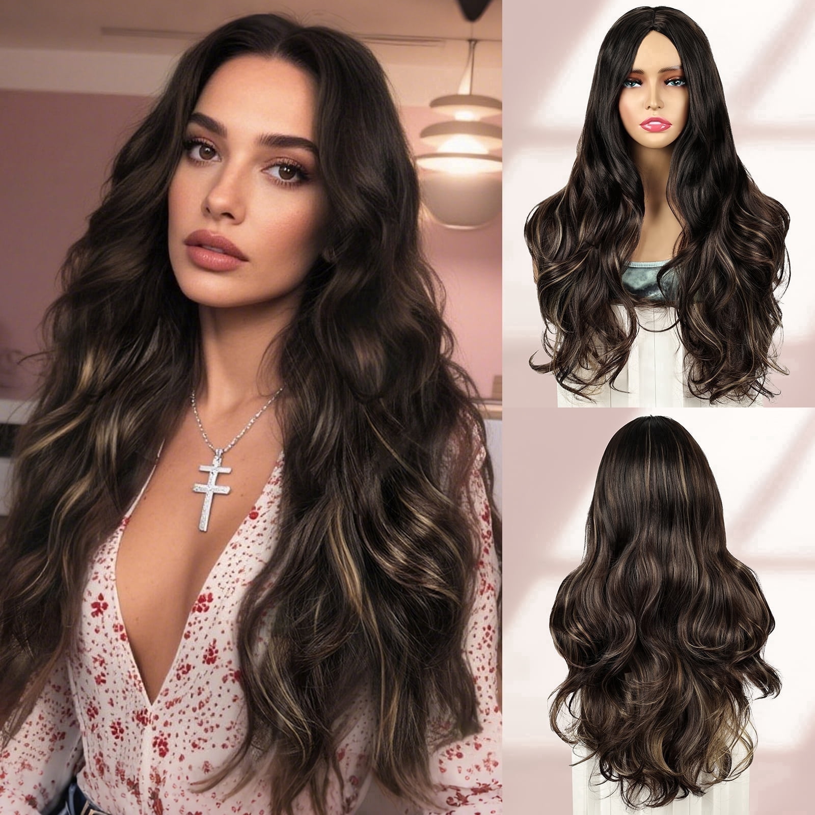 Phocas Long Curly Brown Wigs for Women 26inch Body Wave Highlight Blonde Wig