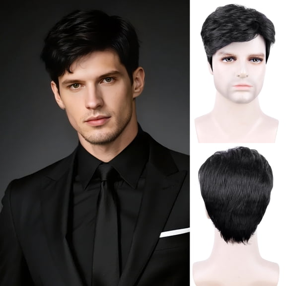 Phocas 8" Mens Wig with Bangs Black Short Wigs Synthetic 80s Wigs Maverick Curly Wefted Wig Caps