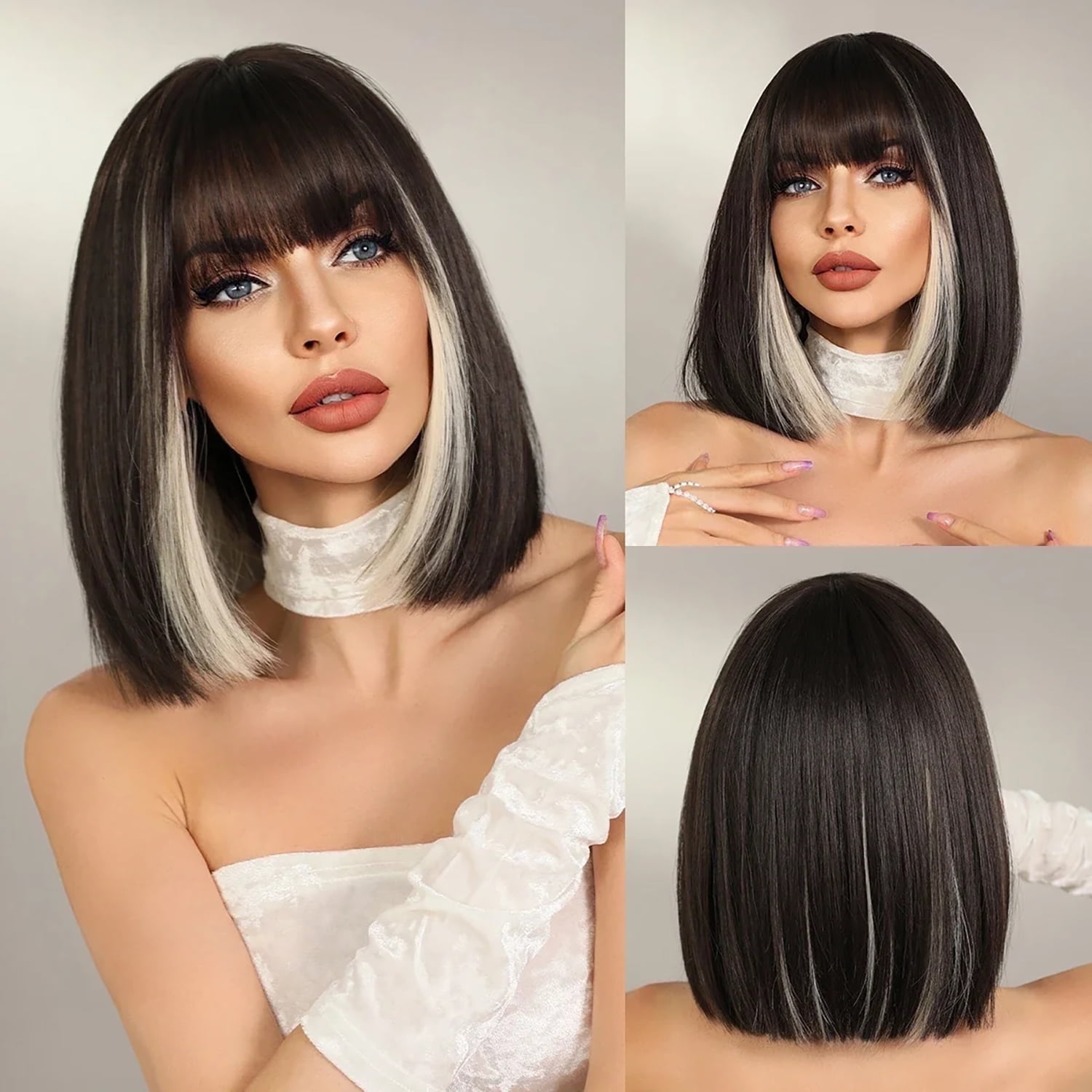 Phocas Black Short Bob Wigs for Women 14inch Highlight White Shoulder Length Heat Resistant Synthetic Wig with Bangs