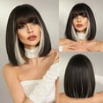 thumbnail image 1 of Phocas Black Short Bob Wigs for Women 14inch Highlight White Shoulder Length Heat Resistant Synthetic Wig with Bangs, 1 of 6