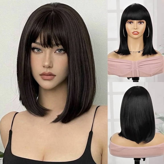 【Natural Look】PHOCAS 12 Inch Black Bob Wig with Bangs, Shoulder Length Heat Resistant Synthetic Straight Wig for Women, Daily Wear