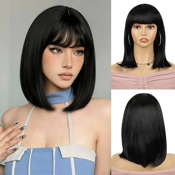 Phocas Black Short Straight Hair Bob Wig with Bangs Shoulder Length Heat Resistant Synthetic Wigs for Women