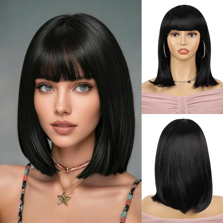 Natural Look】PHOCAS 12 Inch Black Bob Wig with Bangs 