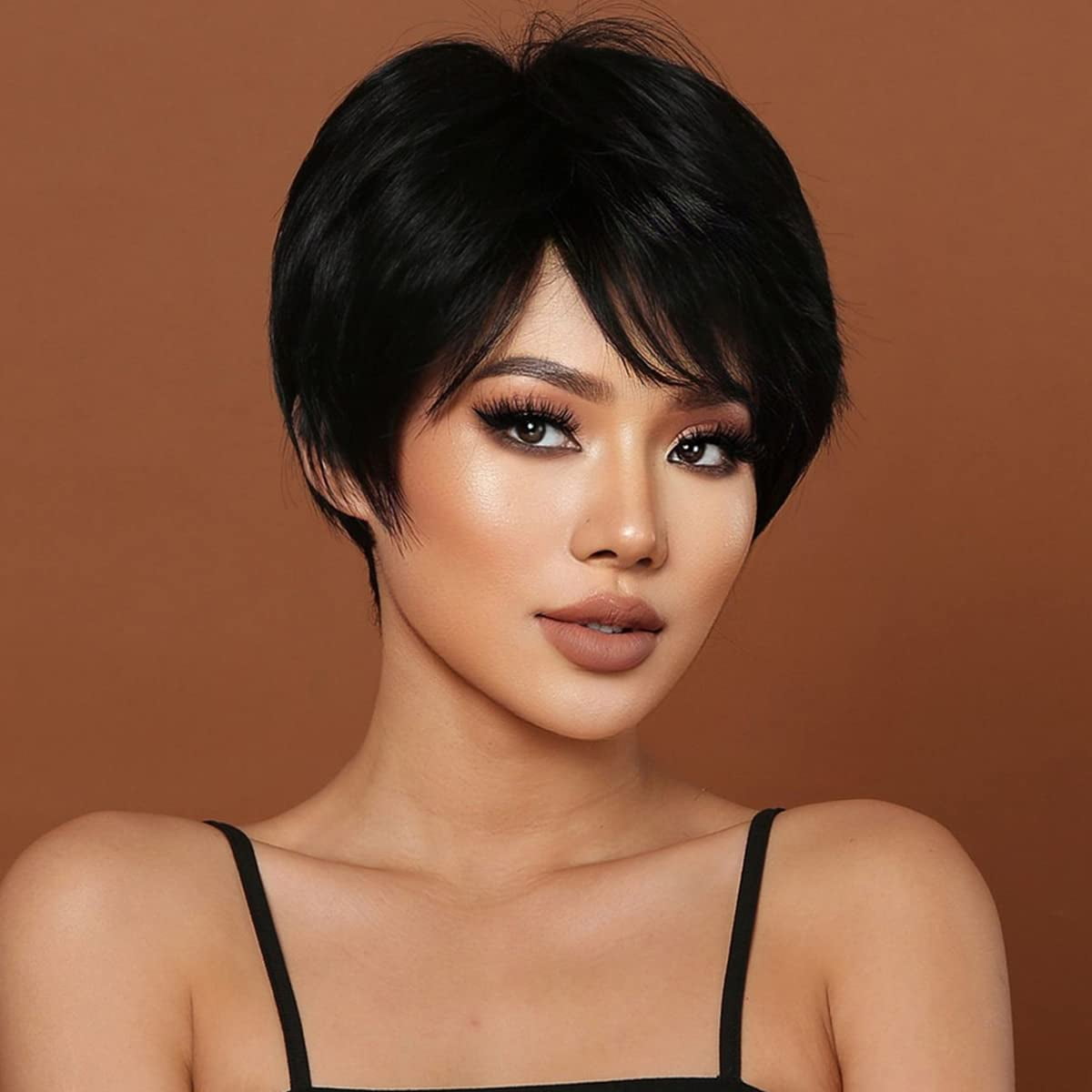 Phocas Black Short Wigs for Women Straight Human Hair Wigs with Bangs