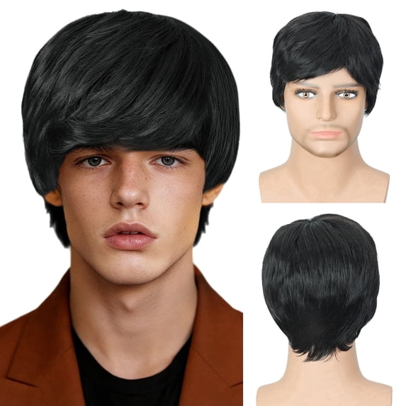 PHOCAS Black Men‘s Short Synthetic Wig – Natural Look Daily Wear Hairpiece for Thinning Hair, Undetectable Full Coverage with Adjustable Breathable Cap