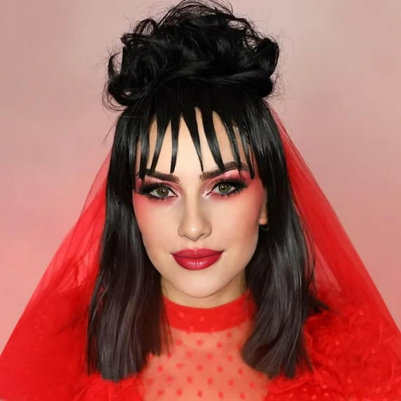 Phocas Short Black Wigs with Bangs Cosplay Wig with Fluffy Curl Bun Synthetic Hair Straight Wig for Witch Costume