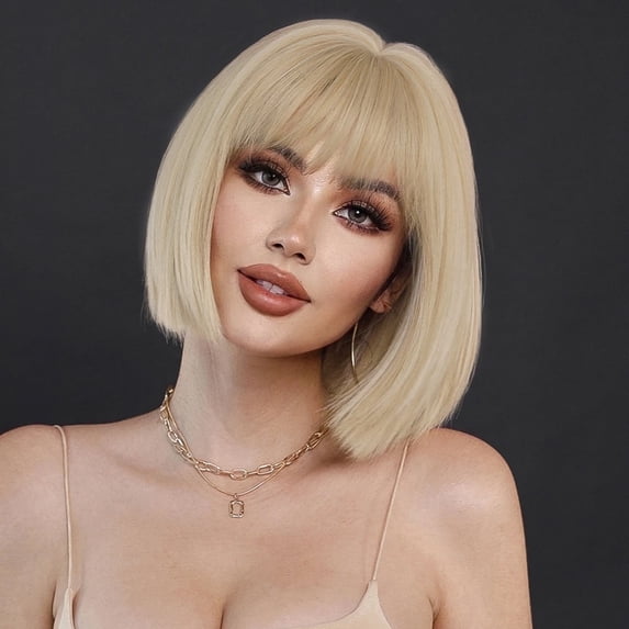 【Natural Look】PHOCAS Blonde Bob Wig with Bangs, Heat Resistant Synthetic Short Wig for Women, Daily Wear 10 Inch