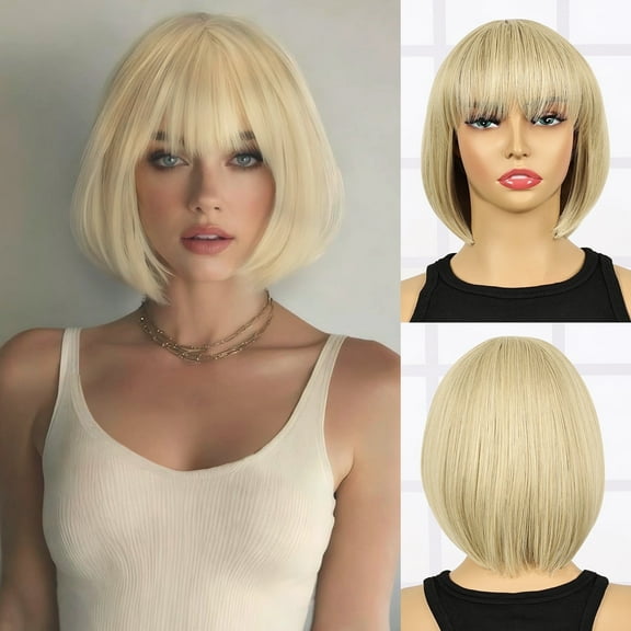 Phocas Blonde Bob Wig with Bangs Synthetic Straight Short Wig for Women 10Inch