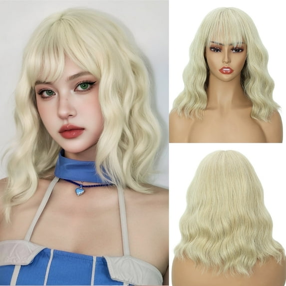 Phocas Short Bob Wigs for Women Wavy Wig Synthetic Blonde Wig with Bangs