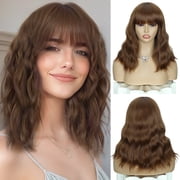 Phocas Dark Brown Short Bob Synthetic Wavy Wig with Bangs   Natural Looking Heat-Friendly Hair for Women, Comfortable Daily Cosplay Party Wear