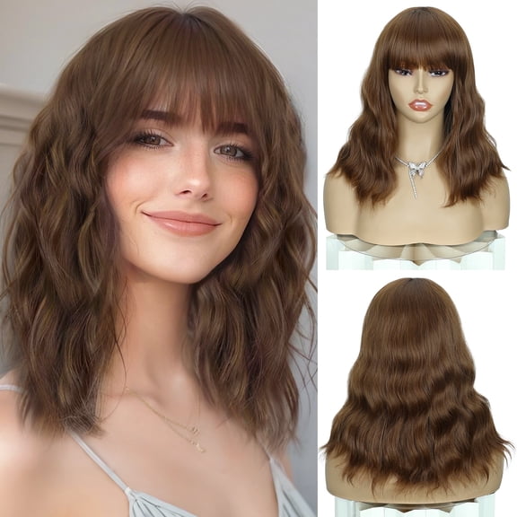 Phocas Short Bob Wigs for Women, Wave Wigs Synthetic Brown Wig with Bangs