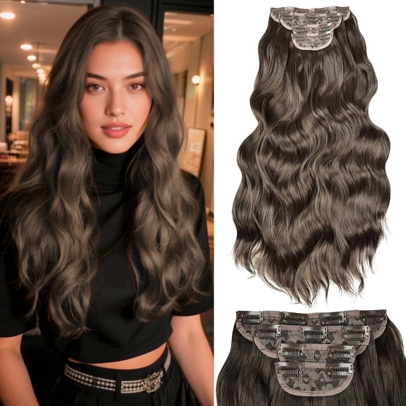 Phocas Brown Clip in Hair Extensions 23 Inch 4pcs Long Wavy Hair Extensions Double Weft Synthetic Hairpieces for Women