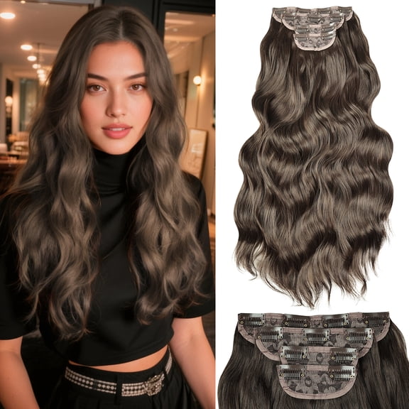 Phocas Brown Clip in Hair Extensions 23 Inch 4pcs Long Wavy Hair Extensions Double Weft Synthetic Hairpieces for Women