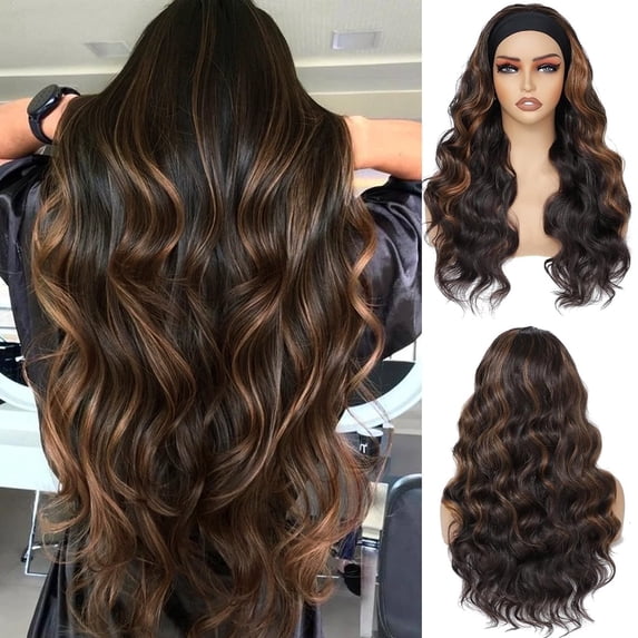 PHOCAS Curly Headband Wig Highlight Brown Wigs Synthetic Headband Water Wavy for Women Daily Use