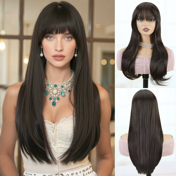 Phocas Long Hair Toppers for Women with Thinning Hair 6*6.5 inch Large Coverage Synthetic Wavy Topper Hairpiece with Bangs (Natural Black)