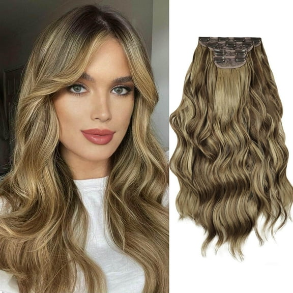 Phocas Clip in Hair Extensions 4PCS Thick Hairpieces Brown Highlight Blonde Long Wavy Curly Synthetic Hair Extensions for Women 23in