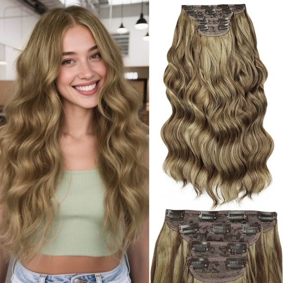 Phocas Clip in Hair Extensions 4PCS Thick Hairpieces Golden Brown Long Wavy Curly Synthetic Hair Extensions for Women 23in