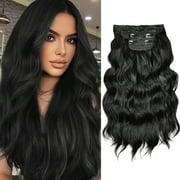 Phocas Clip in Hair Extensions Black Long Wavy Natural Good Connectivity for Women(23inch,4pcs)