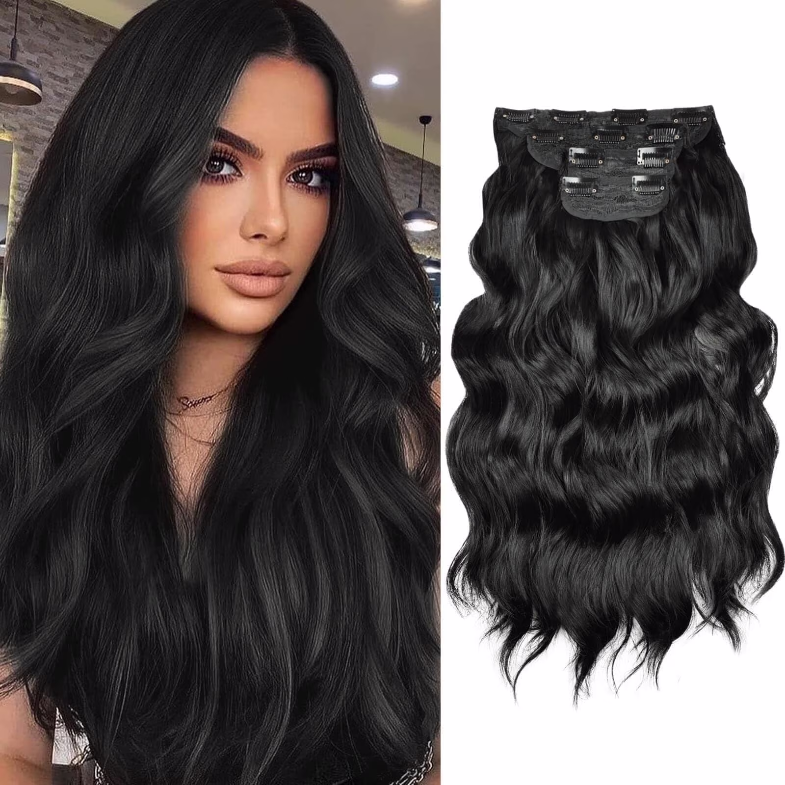 Phocas Dark Brown Clip in Hair Extensions for Women Long Wavy Natural Synthetic Thick Hairpieces (23inch,4pcs)