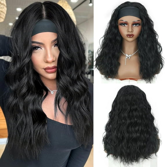 Phocas Long Black Headband Wig for Women，20inch Synthetic Realistic Wavy Wig no Bangs