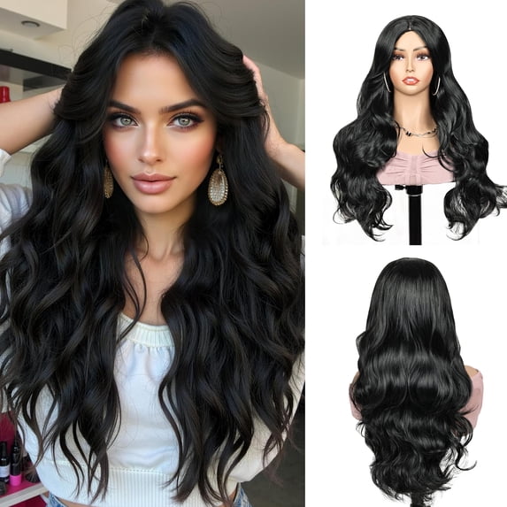 Phocas 21inch Long Deep Wave Wig No Bangs Black - Glueless Synthetic Wavy Wig for Women with Natural Hairline - Heat Resistant Daily Wear