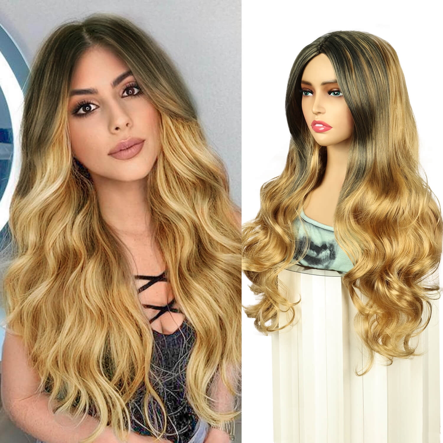 Long Layered Wavy Wig – Blonde with Dark Roots | Synthetic New Cosplay wig women main image 4