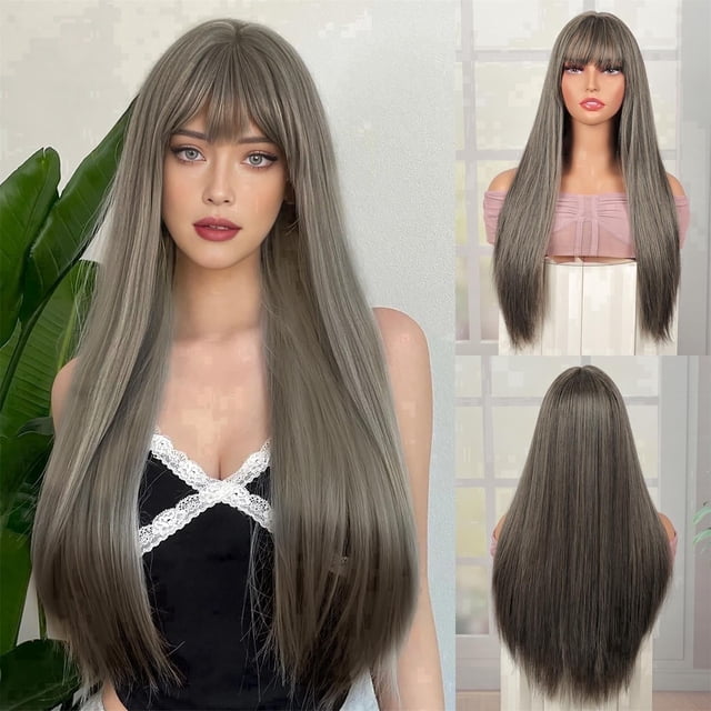Phocas Long Cold Brown Grey Wigs for Women 26inch Natural Straight Long Wig with Bangs