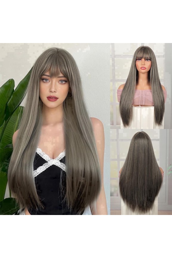 Long Cold Brown Grey Wigs for Women 26inch Natural Straight Long Wig with Bangs