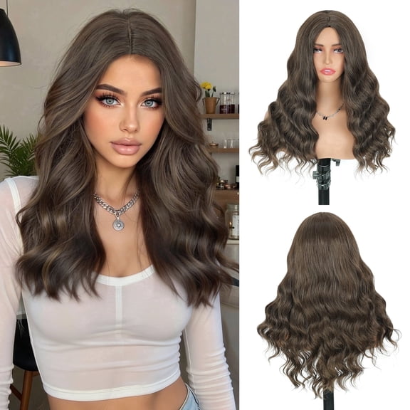 PHOCAS 22Inch Wavy Wig for Women Non Lace Front Synthetic Glueless Daily Wig Pre Plucked Natural Hairline Heat Resistant Silky Smooth Dark Brown No Bangs