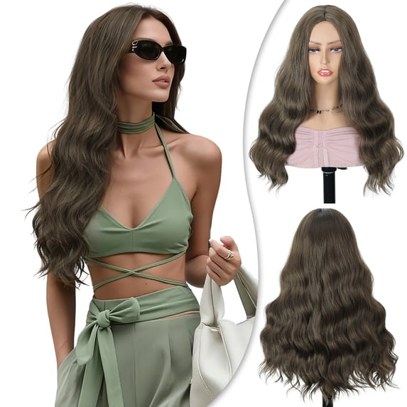 PHOCAS 22Inch Wavy Wig for Women Non Lace Front Synthetic Glueless Daily Wig Pre Plucked Natural Hairline Heat Resistant Silky Smooth Dark Brown No Bangs