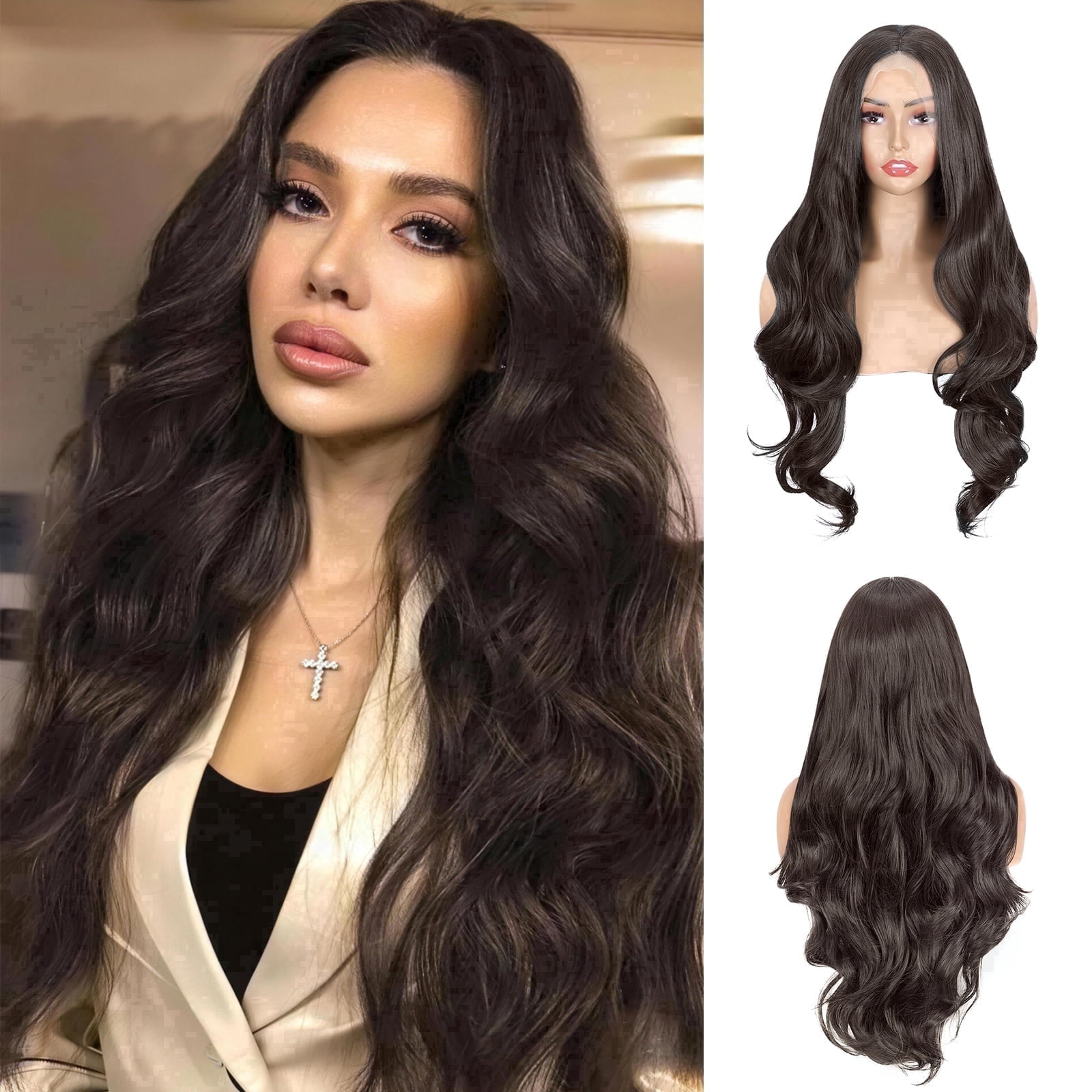 PHOCAS 28 Inch Deep Wave Lace Front Wig 13x3 Synthetic Glueless Wig for Women Pre Plucked Natural Hairline Heat Resistant Easy Style Dark Brown