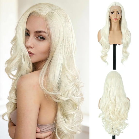 PHOCAS 26 Inch Long Lace Front Wig 13x3 Synthetic Deep Wave Glueless Wig for Women Pre Plucked Natural Hairline Heat Friendly Tangle Free Platinum Blonde
