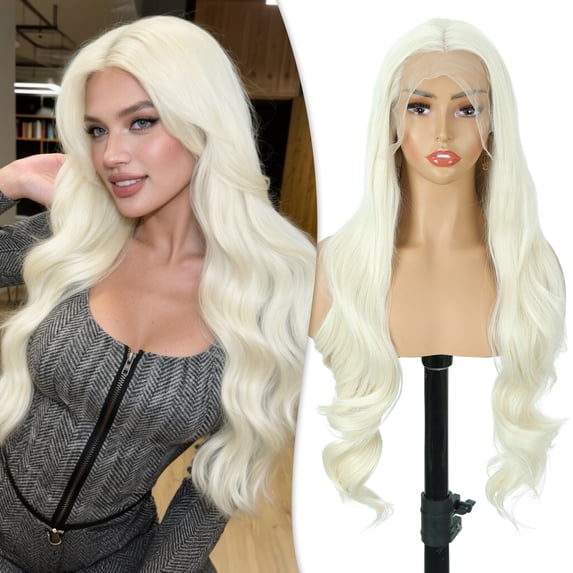 PHOCAS 26 Inch Long Lace Front Wig 13x3 Synthetic Deep Wave Glueless Wig for Women Pre Plucked Natural Hairline Heat Friendly Tangle Free Platinum Blonde