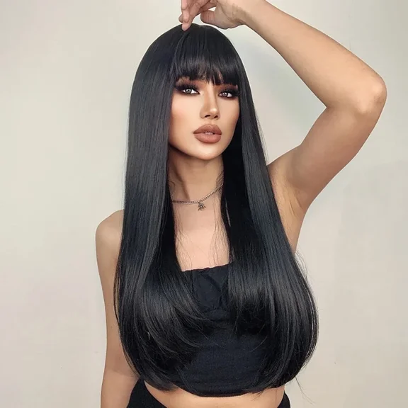 Phocas Long Straight Black Wigs for Women Synthetic Long Straight Wig with Bangs Looking Natural Black Long Wigs 22 inch