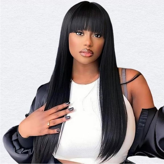 Phocas Long Straight Black Wigs for Women Synthetic Long Straight Wig with Bangs Looking Natural Black Long Wigs 22 inch