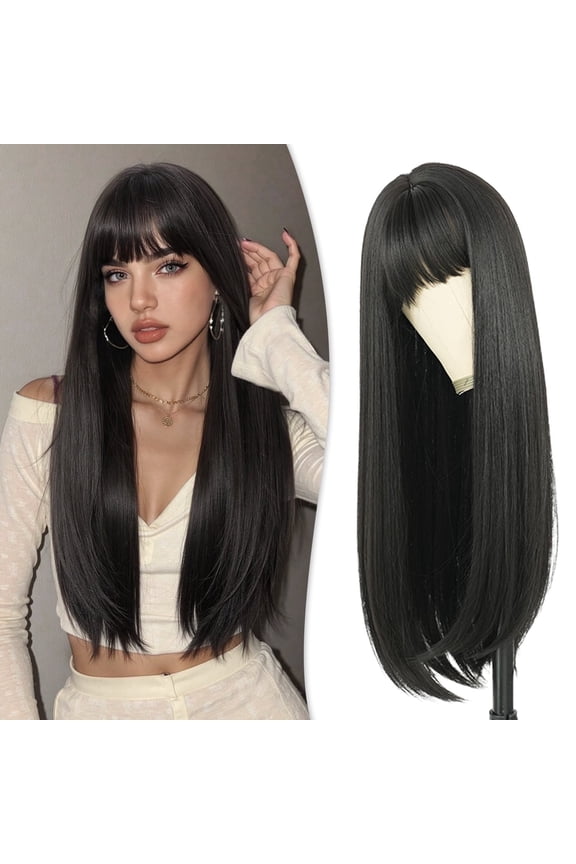 22inch Long Straight Synthetic Wig with Bangs Black - Face Framing Bangs Cover Forehead Slimming Look Heat Resistant Daily Wear