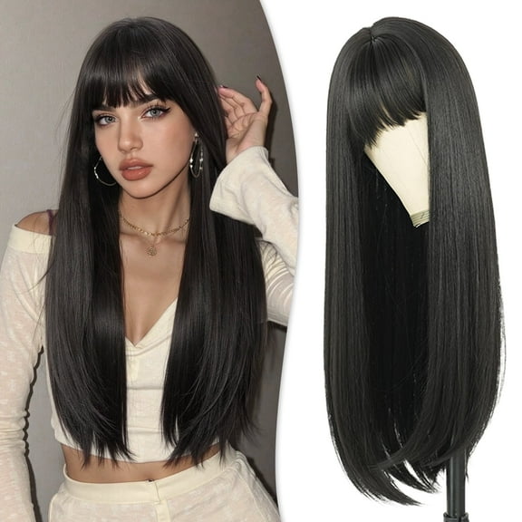 Phocas Long Straight Black Wigs for Women Synthetic Long Straight Wig with Bangs Looking Natural Black Long Wigs 22 inch